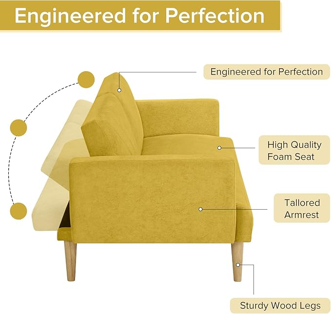 Folding Futon Sofa Tapered Wood Legs,Modern Space Saving Couch,Easily Converts to Single Bed,Easy Assembly,Multi-Functional Loveseat Ideal for Small Home Living Room,Yellow, 76" - LeafyLoom