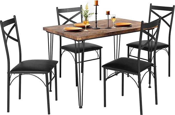 VECELO 5-Piece Set for Home Kitchen Breakfast Nook, with 4 Chairs, Black, Dining Table for 4, Retro Brown - LeafyLoom
