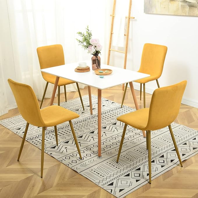 FurnitureR Dining Chairs Upholstered Set of 4, Terry Fabric Accent Side Chair Armless Mid-Back with Metal Legs for Living Room Kitchen Dining Room, Yellow - LeafyLoom