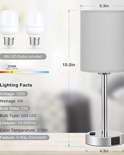 Grey Touch Lamps for Bedrooms Set of 2 - 3 Way Dimmable Bedside Lamp with USB C and A Ports and Outlets, Modern Nightstand Lamp with Gray Shade and Silver Base, Small Table Lamps for Kids Nursery - LeafyLoom