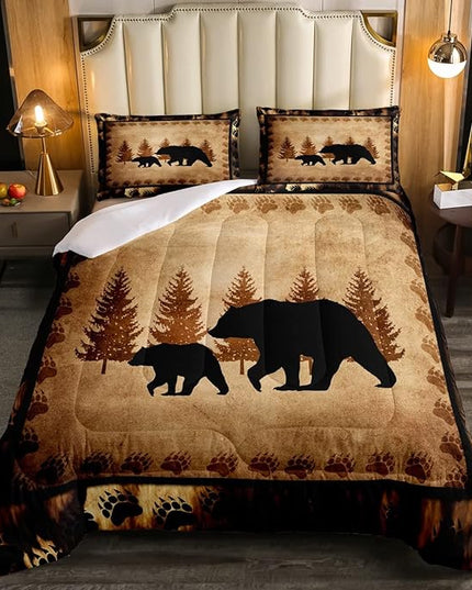 Bear Comforter Set Twin Size Farmhouse Wild Animal Comforter Retro Bear Family Bedding Set for Kids Boys Girls Brown Bear Paws Duvet Set Rustic Bedroom Decor Quilted Set 2Pcs - LeafyLoom