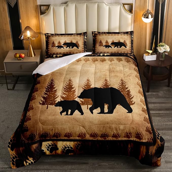 Bear Comforter Set Queen Size Farmhouse Wild Animal Comforter Retro Bear Family Bedding Set for Kids Boys Girls Brown Bear Paws Duvet Set Rustic Bedroom Decor Quilted Set 3Pcs - LeafyLoom
