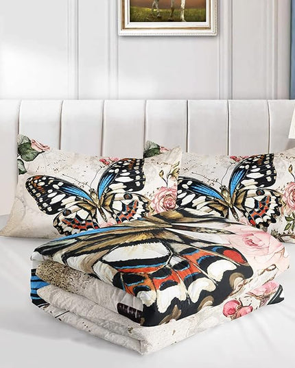 Butterfly Comforter Set for Girls Kids Adults Butterfly Rose Bedding Set Aesthetics Butterflies Quilt Duvet Set Queen Size with 1 Comforter and 2 Pillowcases - LeafyLoom