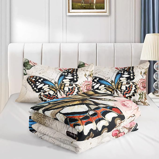Butterfly Comforter Set for Girls Kids Adults Butterfly Rose Bedding Set Aesthetics Butterflies Quilt Duvet Set Queen Size with 1 Comforter and 2 Pillowcases - LeafyLoom