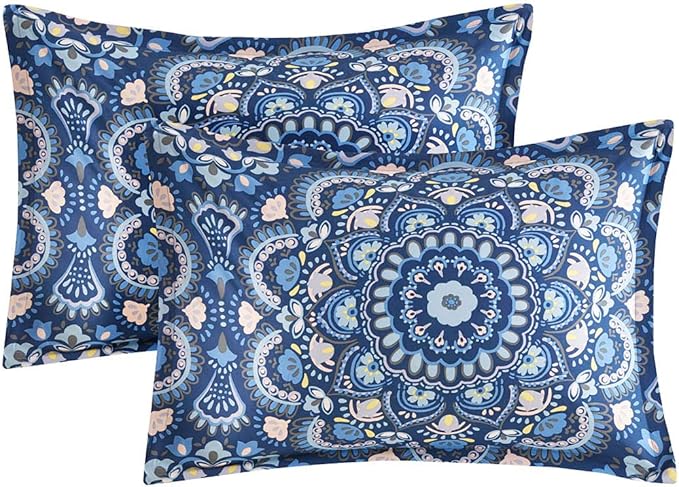 Comfort Spaces Girls Bed in A Bag Floral Comforter Set College Dorm Room Essentials, Complete Dormitory Bedroom Pack And Sheet with 2 Side Pocket Includes Extra Pillowcase Sets, Queen, Medallion Blue - LeafyLoom