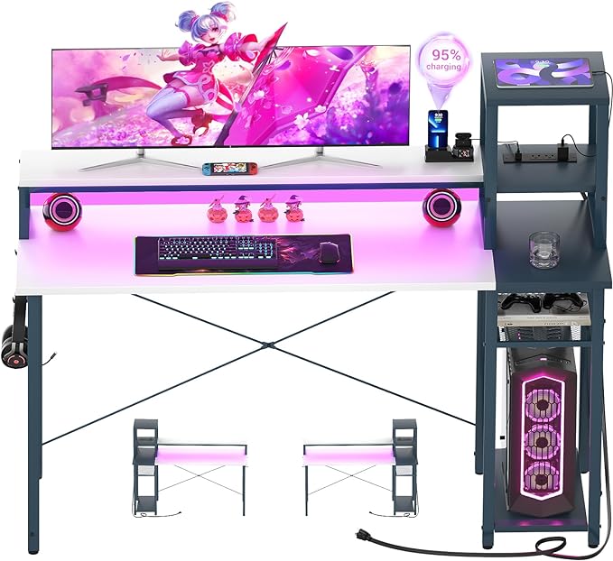 armocity 2024 Upgrade Gaming Desk with LED Lights, Small Computer Desk with Long Monitor Stand, 47.2'' Reversible Laptop Table with Storage Shelves, Small Desk for Small Spaces, Gaming Room, White - LeafyLoom