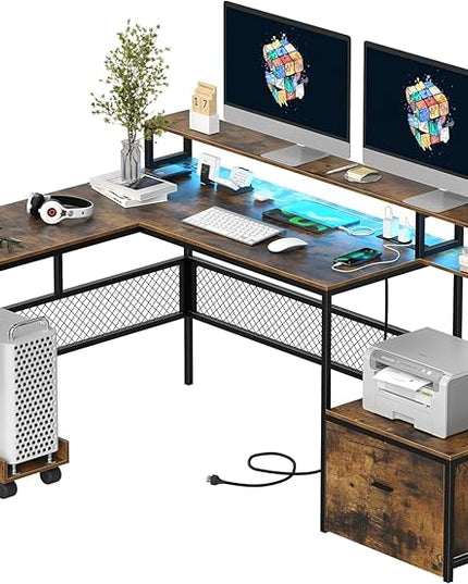 L Shaped Desk with Drawers, 66" Home Office Desk with Power Outlet and Led Strip, Reversible Computer Desk with Storage Shelves & Monitor Stand, Large Corner Desk Gaming Desk, Rustic Brown - LeafyLoom