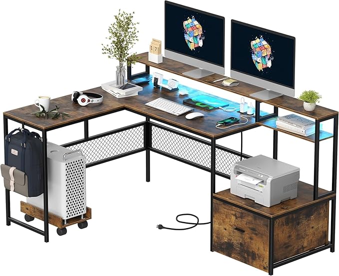 L Shaped Desk with Drawers, 66" Home Office Desk with Power Outlet and Led Strip, Reversible Computer Desk with Storage Shelves & Monitor Stand, Large Corner Desk Gaming Desk, Rustic Brown - LeafyLoom