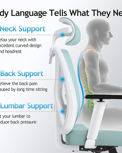 KERDOM Ergonomic Office Chair, Rolling Swivel Executive Desk Chair, Breathable Mesh Gaming Chair with Adjustable Headrest, 3D Armrest and Lumbar Support for Home Office LightBlue - LeafyLoom