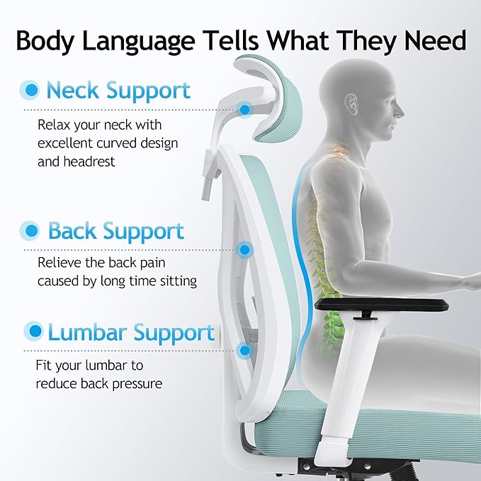 KERDOM Ergonomic Office Chair, Rolling Swivel Executive Desk Chair, Breathable Mesh Gaming Chair with Adjustable Headrest, 3D Armrest and Lumbar Support for Home Office LightBlue - LeafyLoom