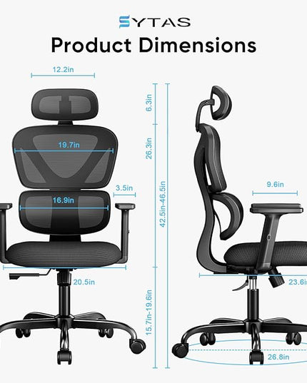 Sytas Ergonomic Office Chair, High Back Mesh Desk Chair with Lumbar Support and Adjustable Headrest, Executive Swivel Computer Chair for Home Office, Tilt Function, Black - LeafyLoom