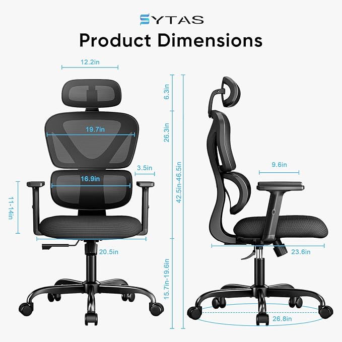 Sytas Ergonomic Office Chair, High Back Mesh Desk Chair with Lumbar Support and Adjustable Headrest, Executive Swivel Computer Chair for Home Office, Tilt Function, Black - LeafyLoom