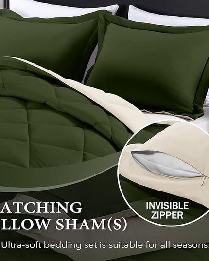 downluxe Queen Comforter Set, Lightweight Solid Down Alternative Reversible, 3-Piece Queen Size Comforter Set with 2 Reversible Pillow Shams (Lichen Green/White) - LeafyLoom