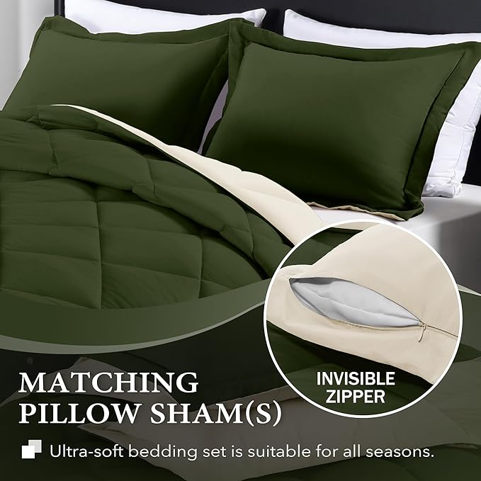 downluxe King Size Comforter Set - Lightweight Solid Down Alternative Reversible?3-Piece King Comforter Set with 2 Reversible Pillow Shams (Lichen Green/White) - LeafyLoom