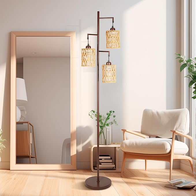 Farmhouse Floor Lamp, Industrial Style Tall Lamps, Boho Tree Standing Tall Lamp with Sturdy Modern Vintage Design for Living Room Bedroom Office Dining Room(Coffee) - LeafyLoom