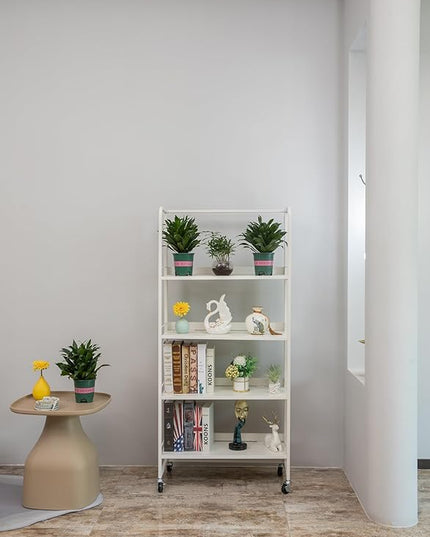 No-Assembly Folding Bookshelf Storage Rack Shelves with Castors 4 Tiers Vintage Bookcase Standing Racks Multifunctional Plant Flower Stand Study Organizer for Home Office (Metal,White) - LeafyLoom