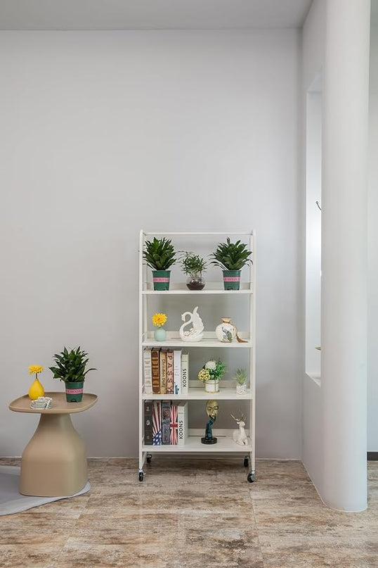 No-Assembly Folding Bookshelf Storage Rack Shelves with Castors 4 Tiers Vintage Bookcase Standing Racks Multifunctional Plant Flower Stand Study Organizer for Home Office (Metal,White) - LeafyLoom