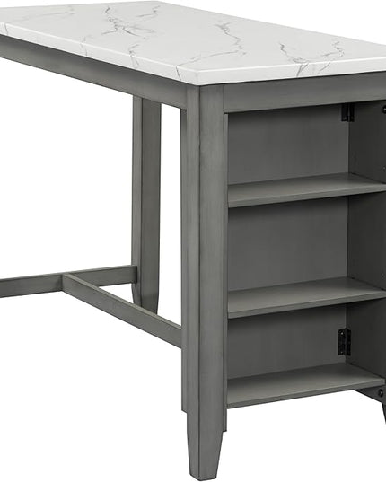 3-Piece Wooden Counter Height Dining Table Set with Faux Marble Veneer and Built-in Storage Shelves, 2 Upholstered Chairs, for Kitchen, Breakfast Nook, Bar, Living Room, Gray - LeafyLoom