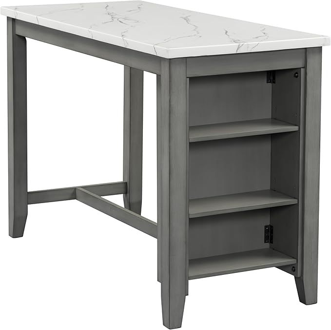 3-Piece Wooden Counter Height Dining Table Set with Faux Marble Veneer and Built-in Storage Shelves, 2 Upholstered Chairs, for Kitchen, Breakfast Nook, Bar, Living Room, Gray - LeafyLoom