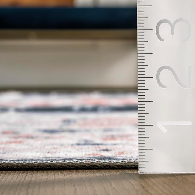 nuLOOM Evette Traditional Medallion Machine Washable Ultra Thin Area Rug, 5' x 8', Navy - LeafyLoom