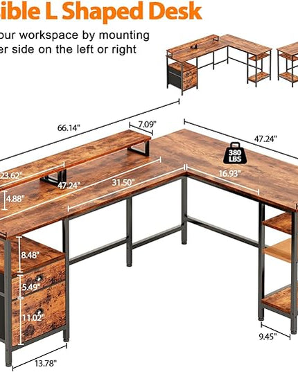 Furologee 66" L Shaped Computer Desk with Shelves, Reversible Corner Gaming Desk with File Drawer and Dual Monitor Stand, Large Home Office Desk Writing Study Table Workstation, Rustic Brown - LeafyLoom