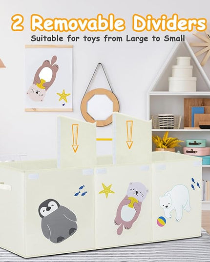 Large Toy Box Storage Chest,Sturdy Toys Storage Organizer Bin Basket with Dividers and Lids for Toddlers,Boys,Girls,Nursery,Closet,Living Room Area,Playroom(Beige Animals) - LeafyLoom
