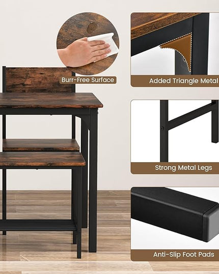 Moccha Dining Table Set for 4, Wooden Kitchen Table with with 2 Chairs and a Long Bench, Modern 4-Piece Dinette with Metal Frame & Storage Rack, Space-Saving Table Set for Dining Room, Rustic Brown - LeafyLoom