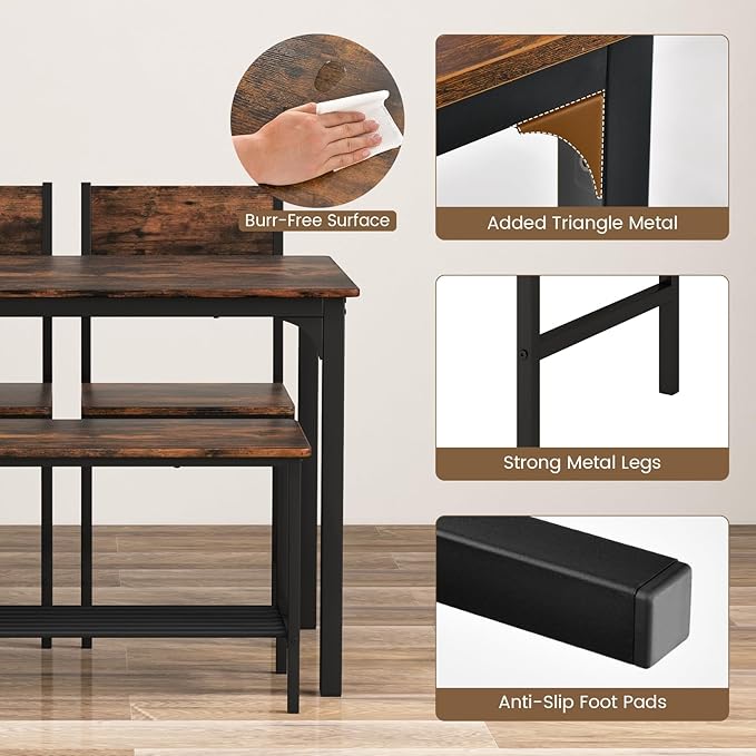 Moccha Dining Table Set for 4, Wooden Kitchen Table with with 2 Chairs and a Long Bench, Modern 4-Piece Dinette with Metal Frame & Storage Rack, Space-Saving Table Set for Dining Room, Rustic Brown - LeafyLoom