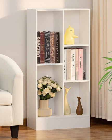 YAHARBO 5 Cube White Bookshelf,Small Modern Horizontal Bookcase,Wood Floor Standing Low Bookshelves Display Storage Cabinet with Base, Short Book Shelf Open Organizer for Bedroom,Living Room,Office - LeafyLoom