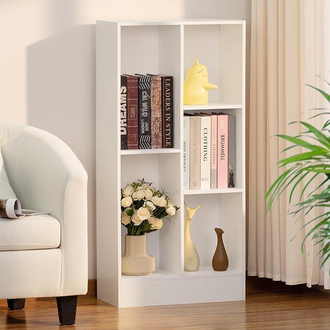 YAHARBO 5 Cube White Bookshelf,Small Modern Horizontal Bookcase,Wood Floor Standing Low Bookshelves Display Storage Cabinet with Base, Short Book Shelf Open Organizer for Bedroom,Living Room,Office - LeafyLoom