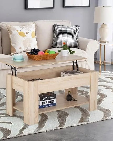 FDW Lift Top Coffee Table with Hidden Compartment and Storage Shelf Wooden Lift Tabletop for Home Living Room Reception Room Office (Natural) - LeafyLoom