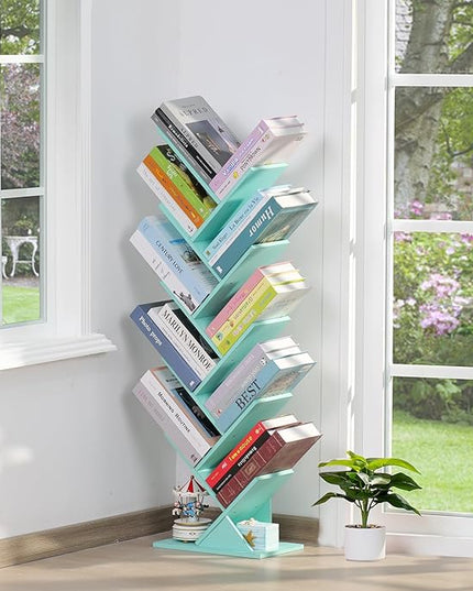 10 Tier Tree Book Shelf, Floor Standing Wood Bookshelf for Narrow Space, Storage Organizer Bookshelves for Books/CDs/Magazine, Bookcase with Shelves for Home Office, Living Room - Green - LeafyLoom