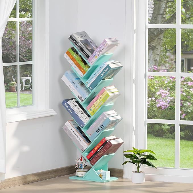 10 Tier Tree Book Shelf, Floor Standing Wood Bookshelf for Narrow Space, Storage Organizer Bookshelves for Books/CDs/Magazine, Bookcase with Shelves for Home Office, Living Room - Green - LeafyLoom