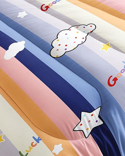 Datura home Cloud Stylish Comforter Bedding Set for Kids Children,Boys and Girls coulorful Stripe with Dot Cute Sky Bedding Set with 1 Comforter and 2 Pillowcases(Cloud Twin) - LeafyLoom