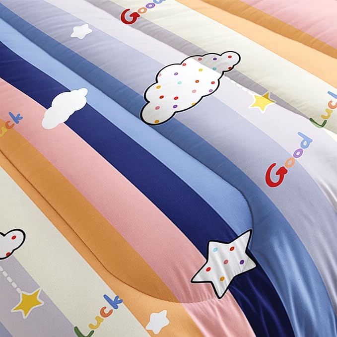 Datura home Cloud Stylish Comforter Bedding Set for Kids Children,Boys and Girls coulorful Stripe with Dot Cute Sky Bedding Set with 1 Comforter and 2 Pillowcases(Cloud Twin) - LeafyLoom
