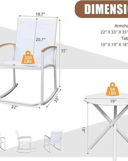Shintenchi 3 Piece Outdoor Rocking Bistro Set, Textilene Fabric Small Patio Furniture Set, Front Porch Rocker Chairs Conversation Set with Table for Lawn, Garden, Balcony, Poolside (White) - LeafyLoom