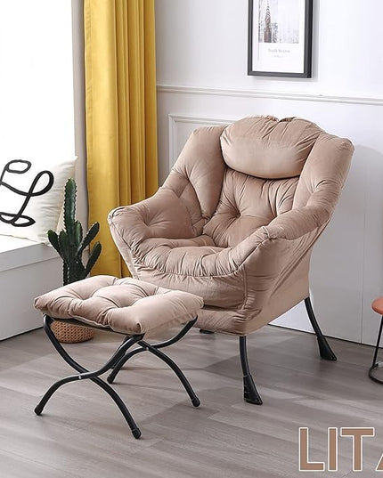 LITA Lazy Chair with Ottoman, Modern Accent Leisure Upholstered Sofa Chair, Contemporary Lounge Reading Chair with Armrests and a Side Pocket for Living Room, Bedroom & Small Space, Dark Brown - LeafyLoom