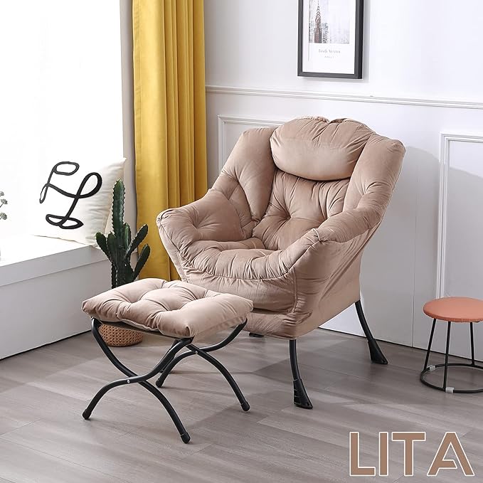 LITA Lazy Chair with Ottoman, Modern Accent Leisure Upholstered Sofa Chair, Contemporary Lounge Reading Chair with Armrests and a Side Pocket for Living Room, Bedroom & Small Space, Dark Brown - LeafyLoom