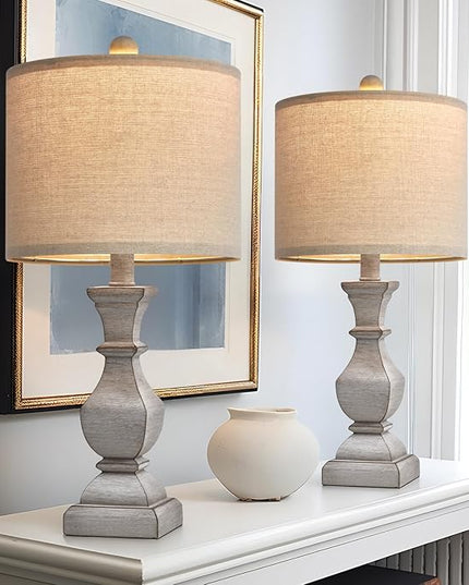 PoKat 20.5'' Table Lamps Set of 2, Vintage Bedside Lamps for Bedroom, Farmhouse Lamp for Living Room, Small Lamp for Nightstand, Retro Side Table Lamp, Grey - LeafyLoom