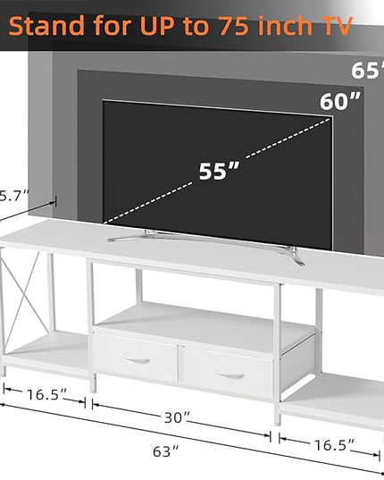 TV Stand with Fabric Drawer for 65 70 75 Inches TV - Entertainment Center and Industrial TV Console Table with Open Storage Shelves for Living Room, Bedroom - 63" White - LeafyLoom