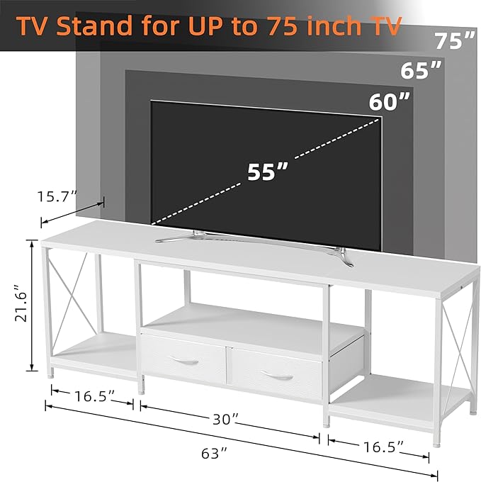 TV Stand with Fabric Drawer for 65 70 75 Inches TV - Entertainment Center and Industrial TV Console Table with Open Storage Shelves for Living Room, Bedroom - 63" White - LeafyLoom