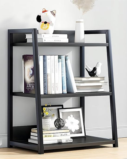 IOTXY 3 Tier Open Bookshelf - Steel and Wood Display Stand, 50CM Width Floor-Standing Bookcase, Black - LeafyLoom