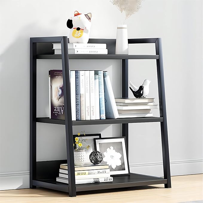 IOTXY 3 Tier Open Bookshelf - Steel and Wood Display Stand, 50CM Width Floor-Standing Bookcase, Black - LeafyLoom