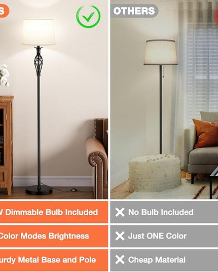 Vintage Floor Lamp with Linen Shade - 3 Color Temperature, Black, LED Bulbs, Foot Pedal Switch, Easy Assembly - LeafyLoom