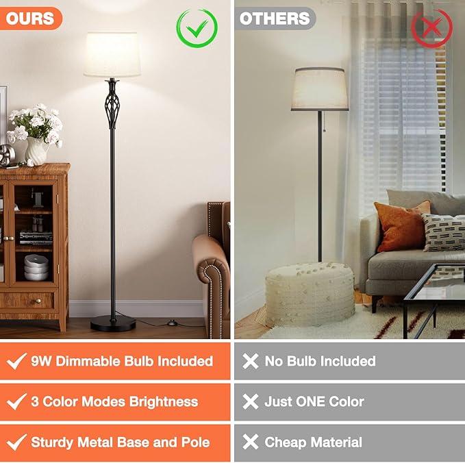 Vintage Floor Lamp with Linen Shade - 3 Color Temperature, Black, LED Bulbs, Foot Pedal Switch, Easy Assembly - LeafyLoom