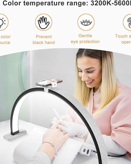 Half Moon Light for Nail Desk, 30 in 40W Half Moon Table Lamp Nail Desk Lamp with Phone Holder for Nail Tech, Beauty, Eyelashes, Tattoos, Crafts, Lash Lamp with Touch Brightness Adjustment - LeafyLoom