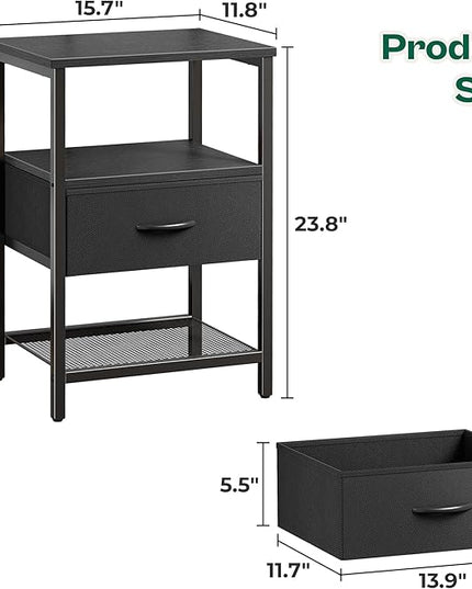 Night Stand with Fabric Drawer, Side Table with Mesh Shelf, Bedroom Nightstand, Fabric Drawer Dresser, Open Shelf, Metal Frame, Couch Side, Black - LeafyLoom