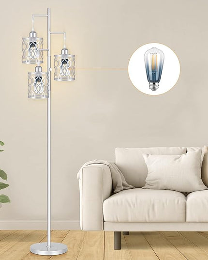 68" Farmhouse floor lamp, Dimmable Industrial Floor Lamps for Living Room, 3 Light Rustic Standing Tall Lamp Including 3 PCS 6W Edison Bulbs, Tree Floor Lamp for Bedrooms Room, Office, Bar, Silver - LeafyLoom