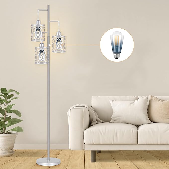 68" Farmhouse floor lamp, Dimmable Industrial Floor Lamps for Living Room, 3 Light Rustic Standing Tall Lamp Including 3 PCS 6W Edison Bulbs, Tree Floor Lamp for Bedrooms Room, Office, Bar, Silver - LeafyLoom