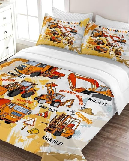 Kids Construction Vehicles Truck Comforter for Boys Full,Cartoon Car Excavator Tractor Bedding Set,Construction Christian Spirational Quotes Comforter with 2 Pillowcases Yellow - LeafyLoom